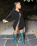 SC Sexy Hollow Split Long Sleeve Chain Bandage Party Mini Dress RUF-8803