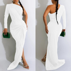 SC Sexy Solid One Shoulder Sleeve Pleated Maxi Dress BY-6042