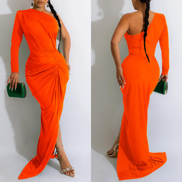 SC Sexy Solid One Shoulder Sleeve Pleated Maxi Dress BY-6042