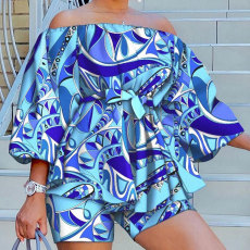 SC Plus Size Print One Shoulder Loose Top And Short Two Piece Set NY-10306