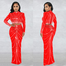 SC Mesh See Through Hot Drilling Long Sleeve Long Skirts Two Piece Set BY-6028