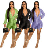 SC Casual Solid Deep V Neck Pleated Tie-Up Romper ME-8221
