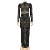 SC Mesh See Through Hot Drilling Long Sleeve Long Skirts Two Piece Set BY-6028