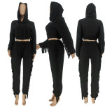 SC Plus Size Solid Tassel Hooded Two Piece Pants Sets SXF-20801