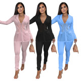 SC Solid Mesh Patchwork Blazer Coat And Pants Two Piece Set FOSF-8317
