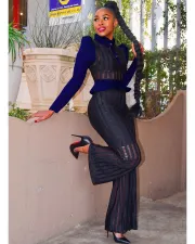 SC Contrast Patchwork See Through Hollow Out Wide Leg Pant 2 Piece Set MAE-2153