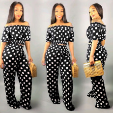 SC Plus Size Polka Dots Print Short Sleeve Two Piece Pants Set PIN-8377