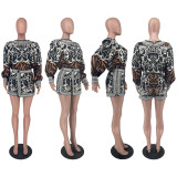 SC Casual Print Long Sleeve Two Piece Shorts Set ZNF-9157
