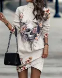SC Plus Size Long Sleeve Turtleneck Print Mini Dress GSRX-7103