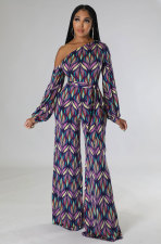 SC Fashion Print Slash Neck Straight Jumpsuit XHXF-8652