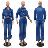SC Plus Size Fashion Washed Jeans+Denim Coat Suits OD-8513