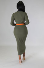 SC Color Matching Lapel Long Dress(With Waist Belt) XHXF-327
