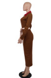 SC Color Matching Lapel Long Dress(With Waist Belt) XHXF-327