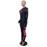 SC PINK Letter Print Long Sleeve Tight Jumpsuit FST-8050