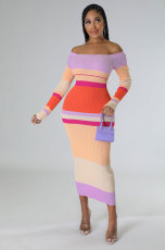 SC Color Matching Off Shoulder Slim Midi Dress XHXF-324