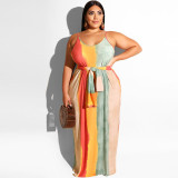 SC Plus Size Striped Loose Sling Maxi Dress With Belt OSIF-19258