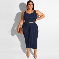 SC Plus Size Solid Color Tight Tank Top And Skirts Two Piece Set OSIF-19316