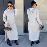 SC Casual Solid Hooded Slit Long Dress ORY-5201-1