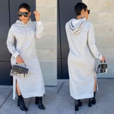 SC Casual Solid Hooded Slit Long Dress ORY-5201-1
