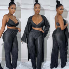 SC Solid Sexy Vest+Long Cloak+Wide Leg Pant 3 Piece Set MX-9160