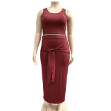 SC Plus Size Solid Color Tight Tank Top And Skirts Two Piece Set OSIF-19316