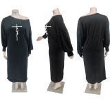 SC Casual Print Bat Sleeve Slash Neck Long Dress YFS-10127