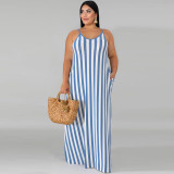 SC Plus Size Striped Loose Sling Maxi Dress With Belt OSIF-19258