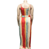 SC Plus Size Striped Loose Sling Maxi Dress With Belt OSIF-19258
