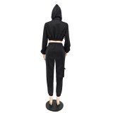 SC Solid Hooded Crop Top And Pant 2 Piece Set NLAF-60122