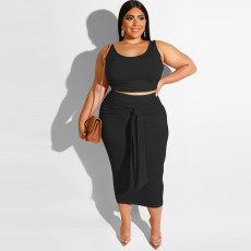 SC Plus Size Solid Color Tight Tank Top And Skirts Two Piece Set OSIF-19316