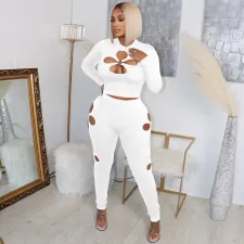 SC Four Leaf Hollow Out Long Sleeve Two Piece Pant Sets YNSF-1865
