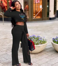 SC Casual Long Sleeve Tie-Up Wide Leg Pant Two Piece Set JPF-1079