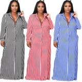 SC Fashion Stripe Print Long Sleeve Maxi Shirt Dress HNIF-041C