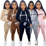 SC Plush Letter Print Drawstring Hoodies Two Piece Pants Set TK-6261