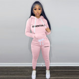 SC Plush Letter Print Drawstring Hoodies Two Piece Pants Set TK-6261