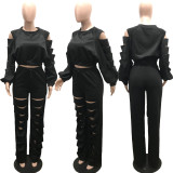 SC Fashion Solid Holes Long Sleeve Pant Two Piece Set QY-5280