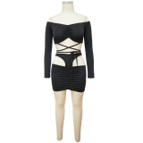 SC Sexy Solid Long Sleeve Tie Up Skirt Suit YF-9972
