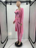 SC Plus Size Pink Letter Print Cami Top+Long Cloak+Pants 3 Piece Sets JRF-3710