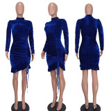 SC Velvet Drawstring Ruched Ruffles Mini Dress YD-8665