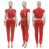 SC Letter Print Color Block Splicing Baseball Casual Sports Two Piece Set WSYF-59150