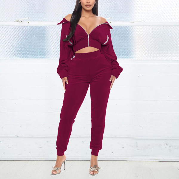 SC Velvet Solid Color Zipper Pocket Tops And Pant Two Piece Set TE-4489