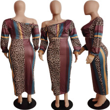 SC Leopard Stripe Print Slash Shoulder Straight Long Skirts 2 Piece Set APLF-1008