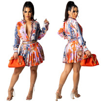 SC Long Sleeve Printed Pleated Skirt Suit(without chain) YF-9947