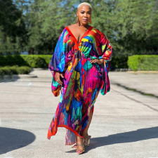 SC Plus Size Bat Sleeve Print V Neck Maxi Dress NNWF-10248