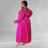 SC Plus Size Solid Color Long Sleeve Ruched Long Dress NNWF-7729