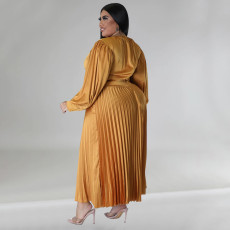 SC Plus Size Solid Color Long Sleeve Ruched Long Dress NNWF-7729