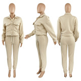 SC Plush Shirt Jacket Coat And Casual Pant Two Piece Set HHF-9128