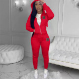 SC B Letter Print Solid Hoodies Sports Two Piece Pant Set XMF-176