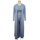 SC Fashion Solid Casual Top+Pants+Long Sleeve Coat Three Piece Set YF-9962