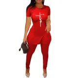 SC Printed Short Sleeve Slit Hem And Pants Two Piece Set SHD-9387